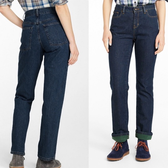 L.L. Bean Fleece Lined Classic Fit Straight Leg Jeans in Dark Wash - Picture 1 of 11